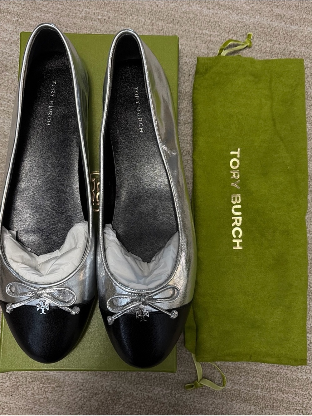 Tory Burch Silver Metallic and Black Cap-Toe Bow Ballet Flats